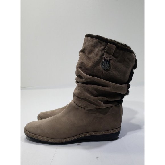 Stuart Weitzman Suede Leather Mid-Calf Boots Brown Slouchy Faux Fur Taupe 7M - Picture 7 of 10